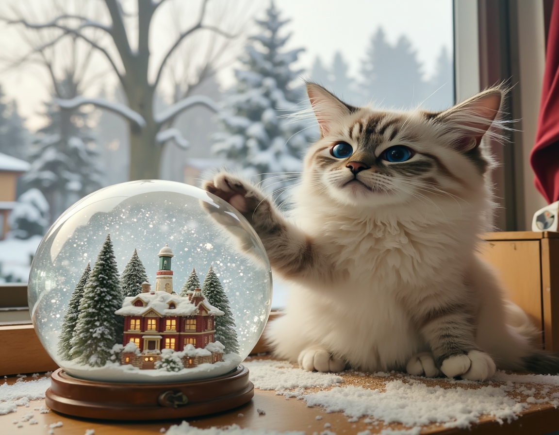 Playful cat bats at a snow globe on a table, mesmerized by the swirling snowflakes inside. The globe features a miniature Christmas village, while a snowy landscape is visible through the window in the background, enhancing the festive atmosphere.